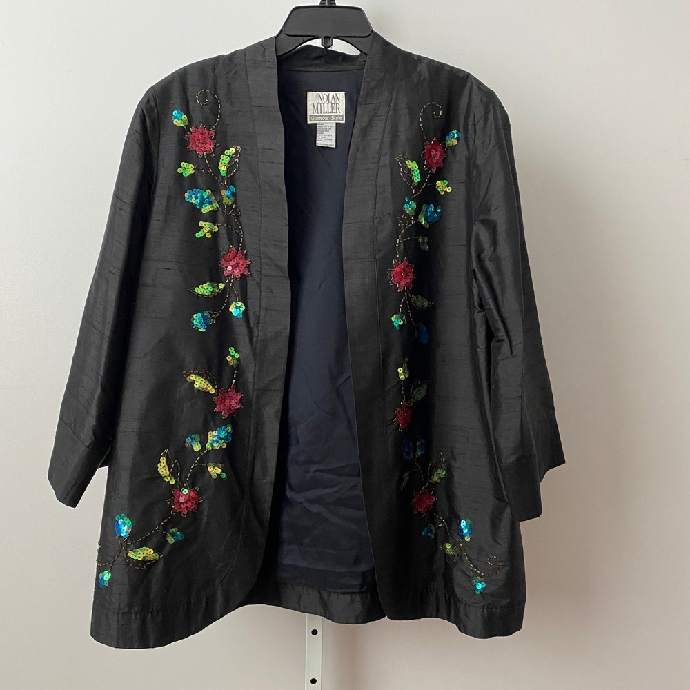 Nolan Miller 100% Silk MobWife Ethereal Sequin Embroidered Kimono Jacket L Black